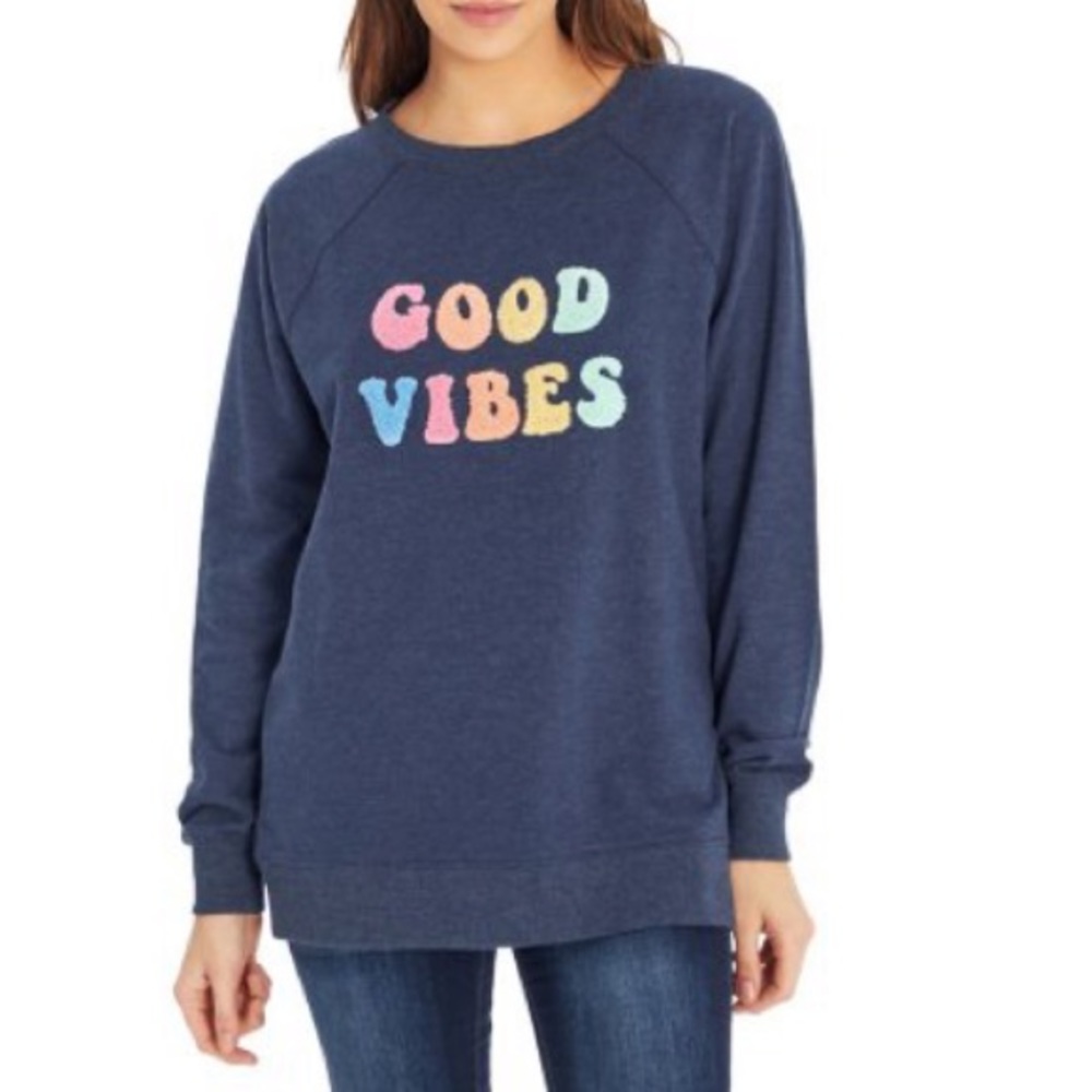 Wildfox Blue Sweater with Multicolor 'Good Vibes' NWT